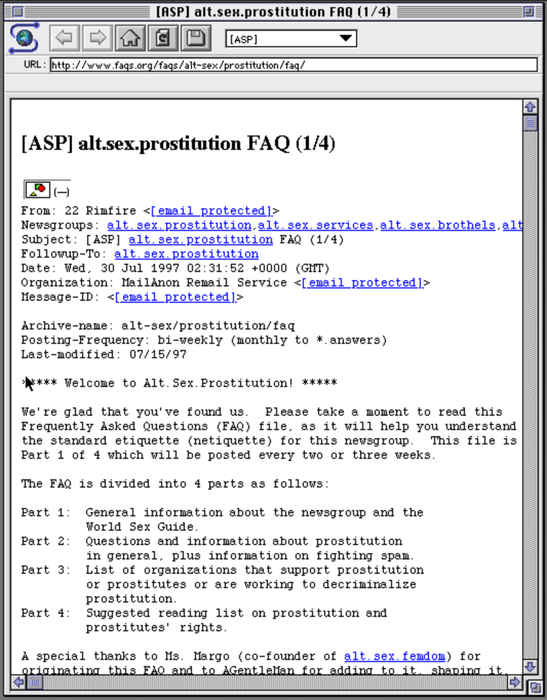 A simple text-based webpage, titled [ASP] alt.sex.prostitution FAQ (1/4)