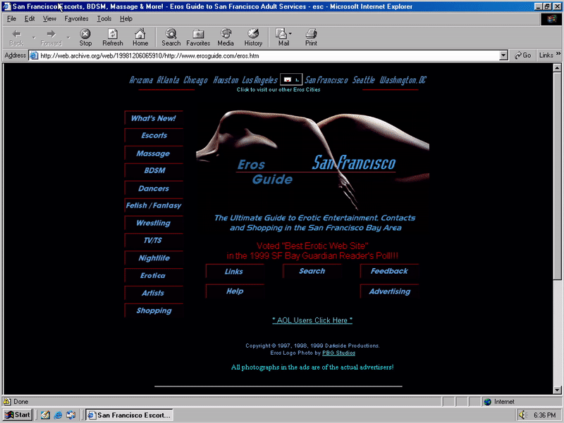 A dramatic chiaroscuro photo of a woman's body, lying on her side, has the words "Eros Guide San Francisco" over it