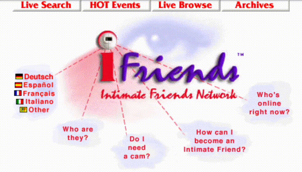 A screenshot showing the iFriends logo, where a photograph of a webcam forms the dot over the letter "i," surrounded by links, including "Who's online right now?"