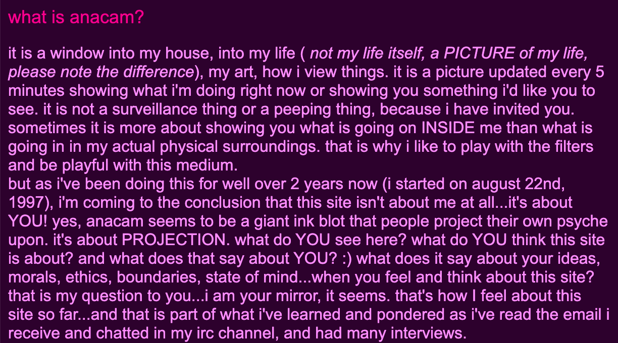 Screenshot of a Q&A with bright purple text on a dark background, with the heading "what is anacam?"