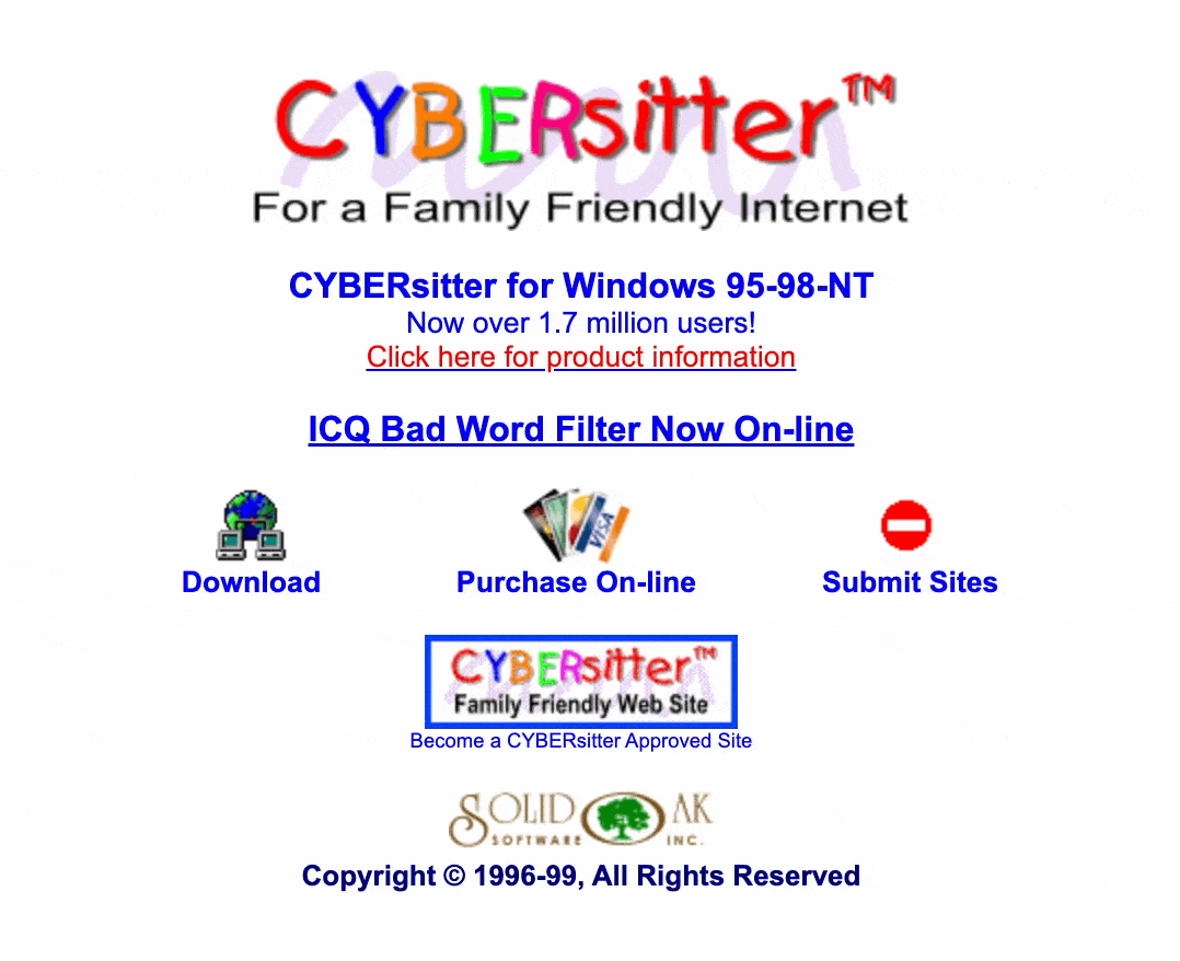 The CYBERsitter logo, in bright childlike colors and hand-scrawled lettering, sits above links to download, purchase online, and submit a site