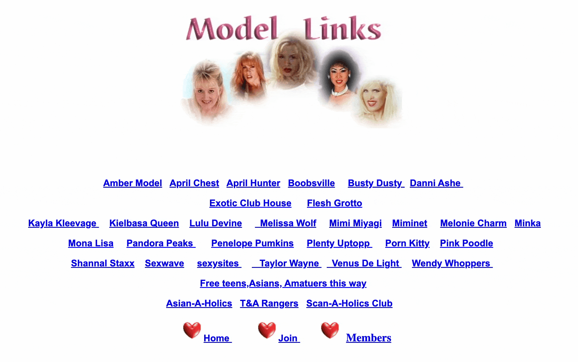 A screenshot of a webpage titled "Model Links" shows a line of cameo-style portraits of women, the edges feathered, above a list of hyperlinked names