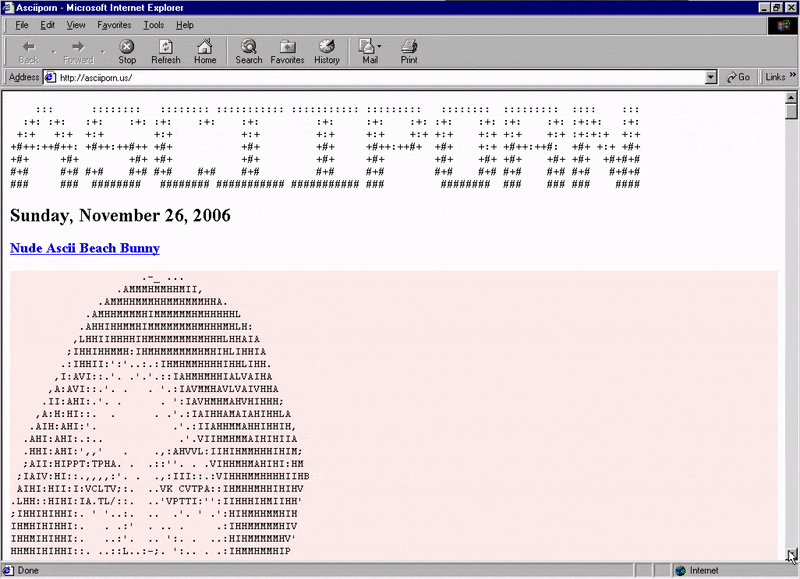 A scrolling website shows pinup images rendered in ascii symbols