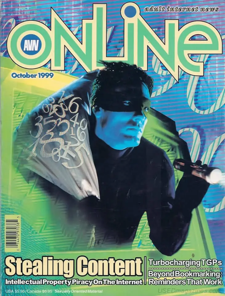 A magazine cover featuring an article on stolen photographs shows a photo illustration of a blue-tinged masked man in black, a sack of booty printed with digits slung over his shoulder, emerging from a computer screen