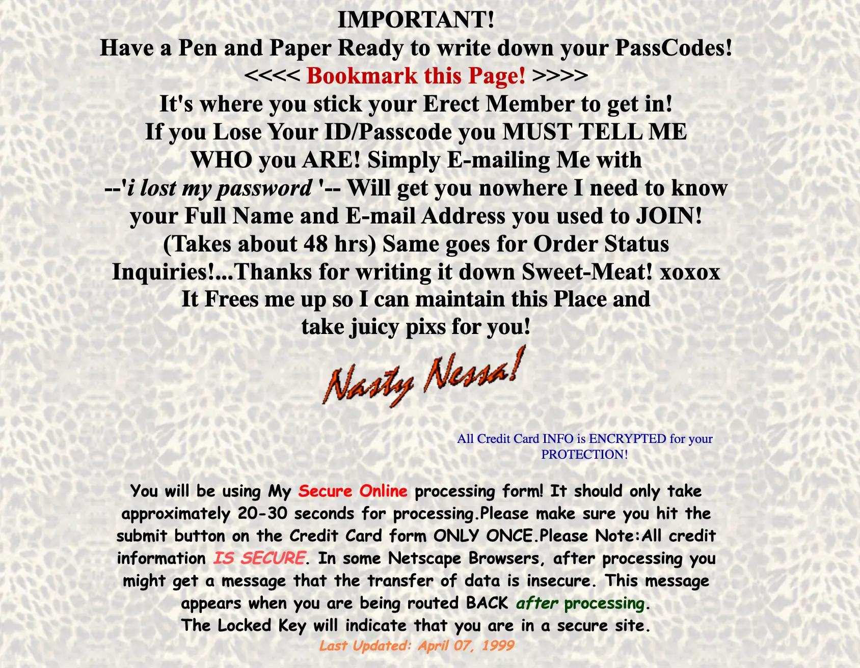 Over a leopard print background, text instructions inform users to bookmark the page and save their password