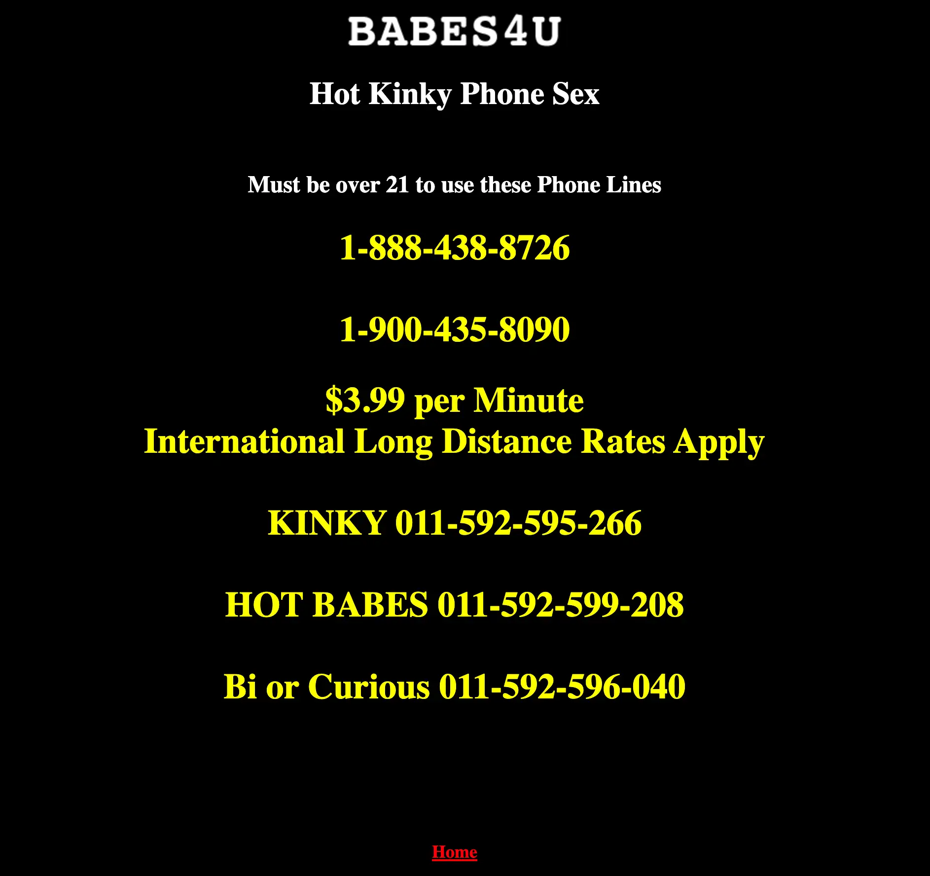 A screenshot of an early webpage advertises "Hot Kinky Phone Sex" in stark type on a dark background