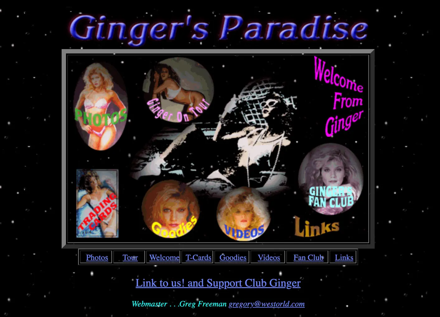Over a dark, starry background, collaged images of Ginger act as website links