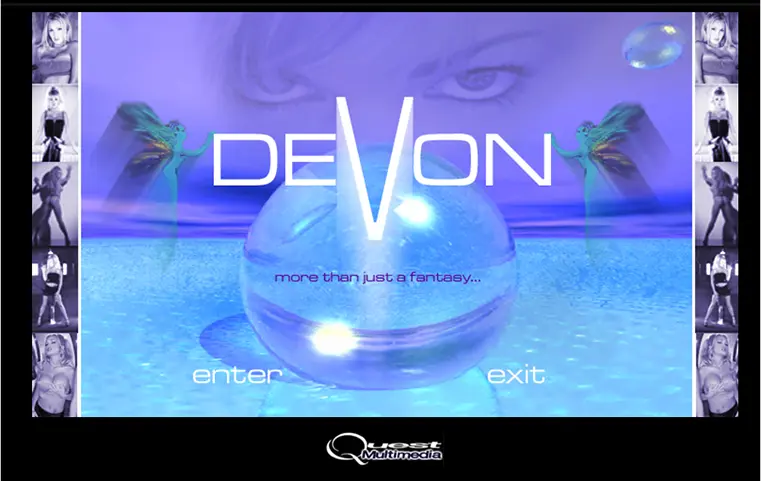 In a futuristic collage, a woman's eyes peer down at a computer-generated water landscape above a title that reads Devon, more than just a fantasy...
