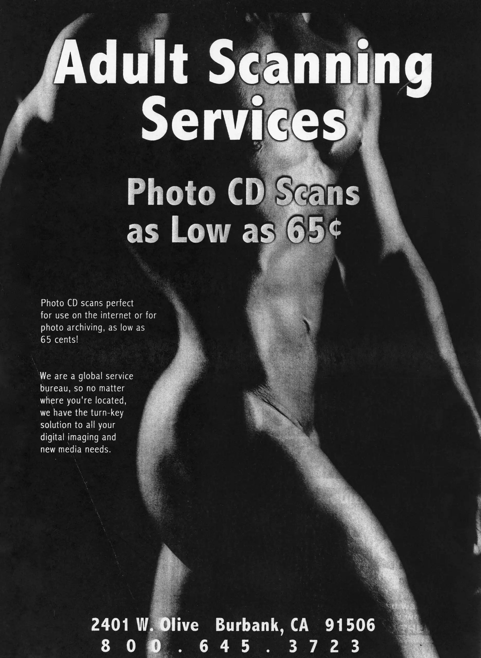 Over a dramatic, chiaroscuro photograph of a chiseled male torso, a headline reads "Adult Scanning Services: Photo CD Scans as Low as 65¢"