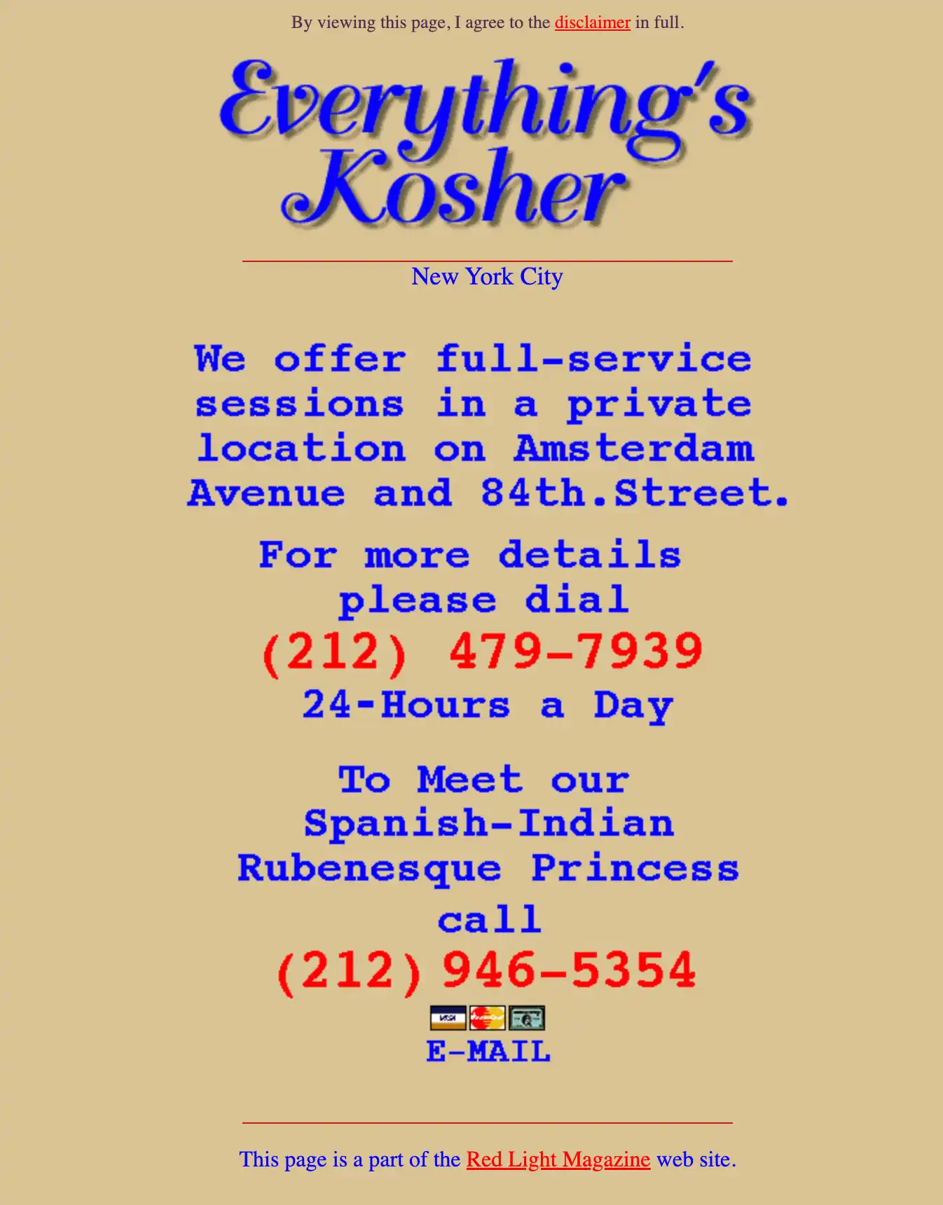 Electric blue and red text on a light brown background advertises "full-service sessions" under the headline, "Everything's Kosher"