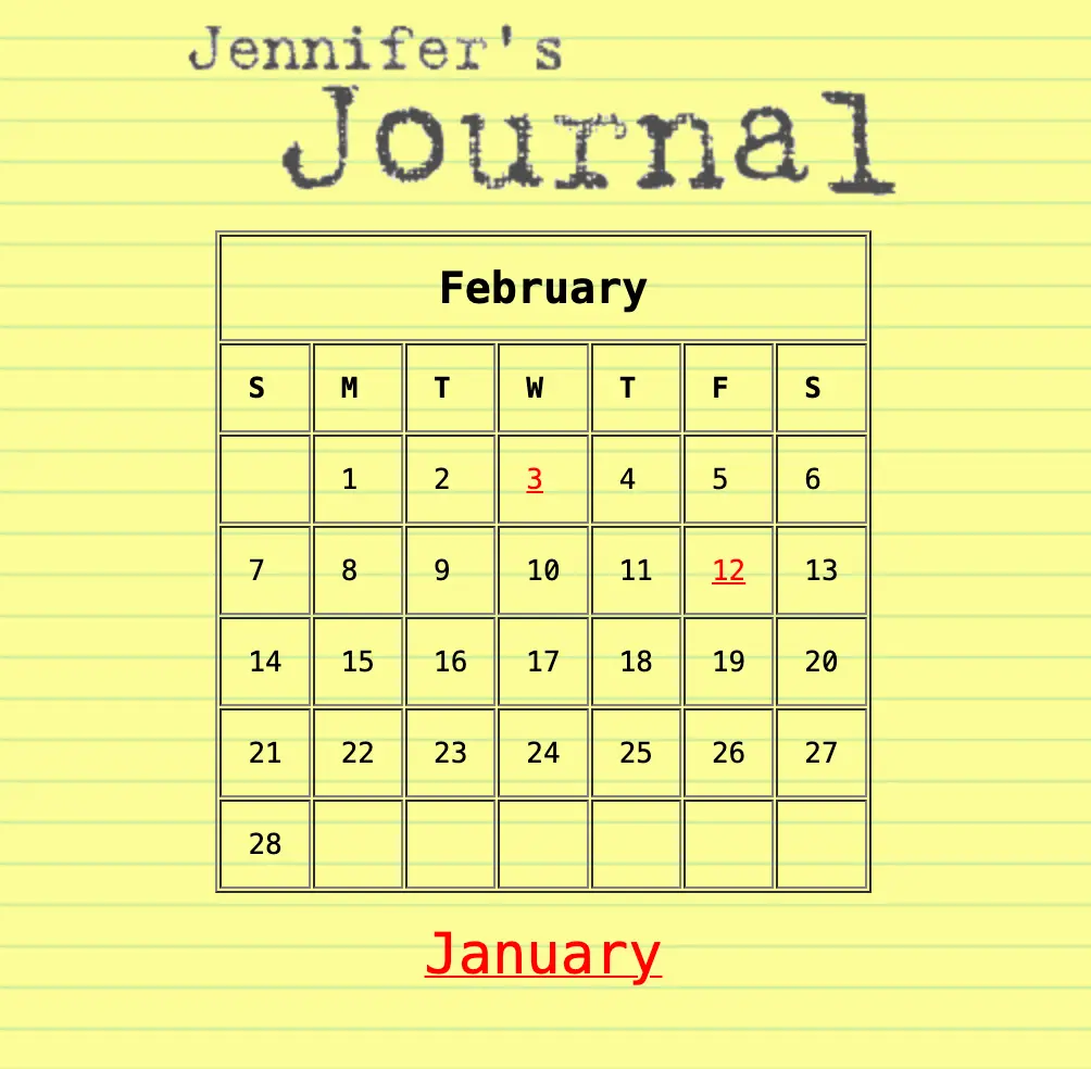 Over a background of lined yellow notebook paper, a gridded calendar has linked numbers for journal entries