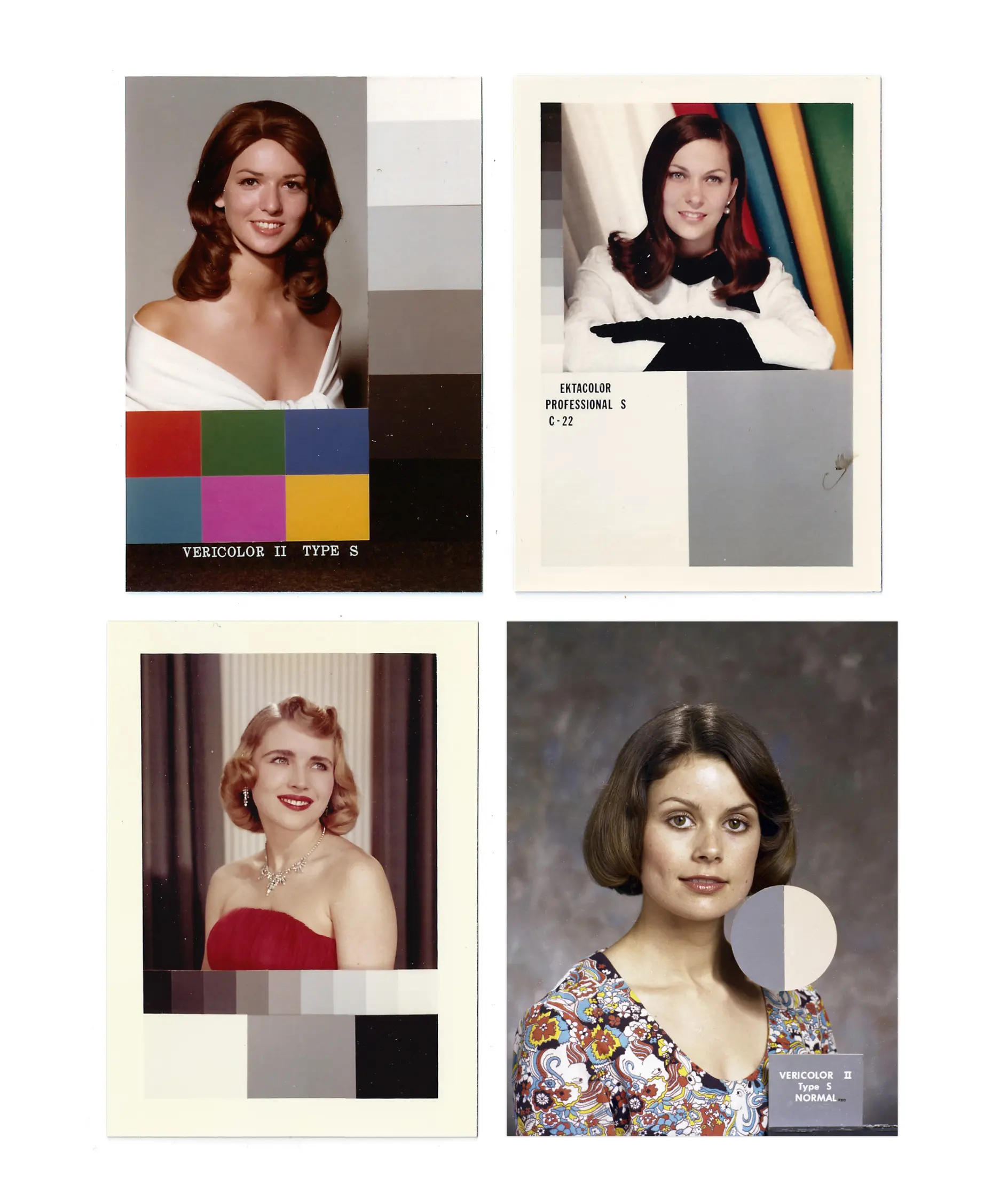 In a grid of four cards, photographs of smiling white women sit above grids of colored blocks