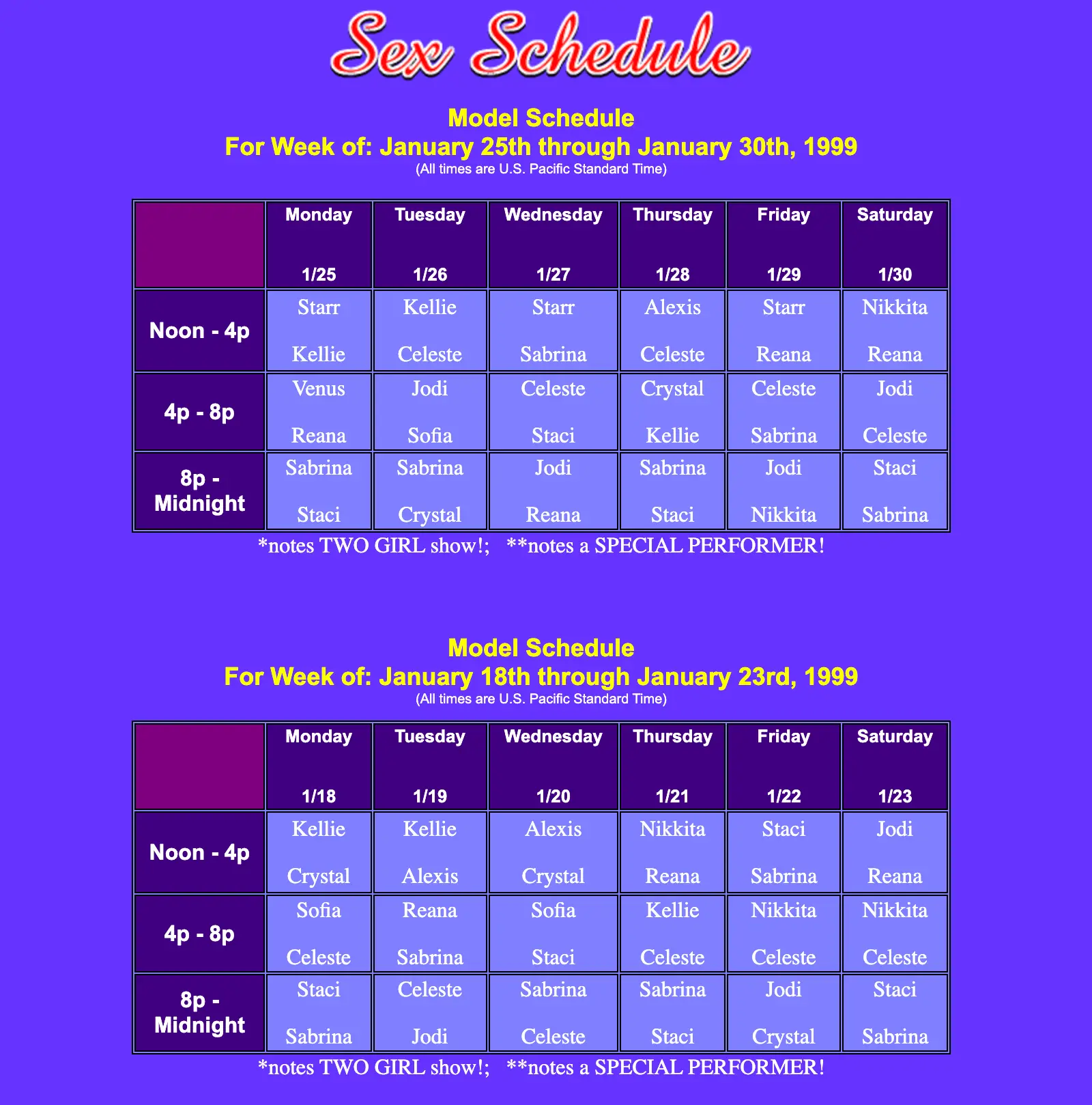 On a purple background, under the title "Sex Schedule," a calendar grid lists model names, days, and times