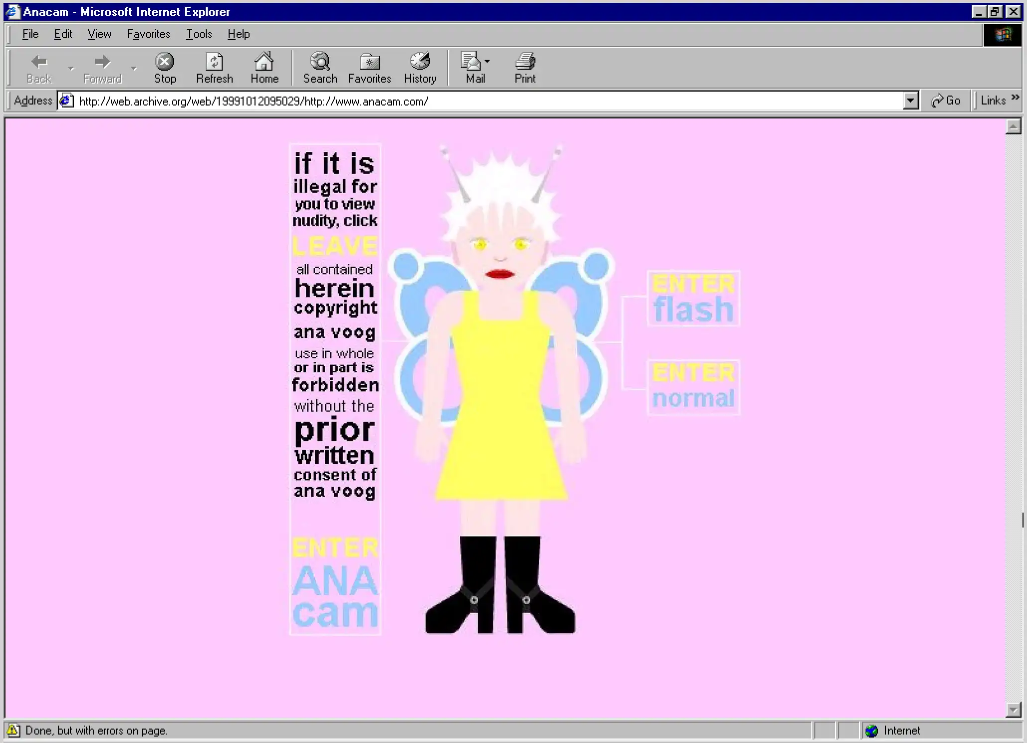Against a bright pink background, a stylized, blocky image of a woman with tentacles and wings is flanked by options to enter the site