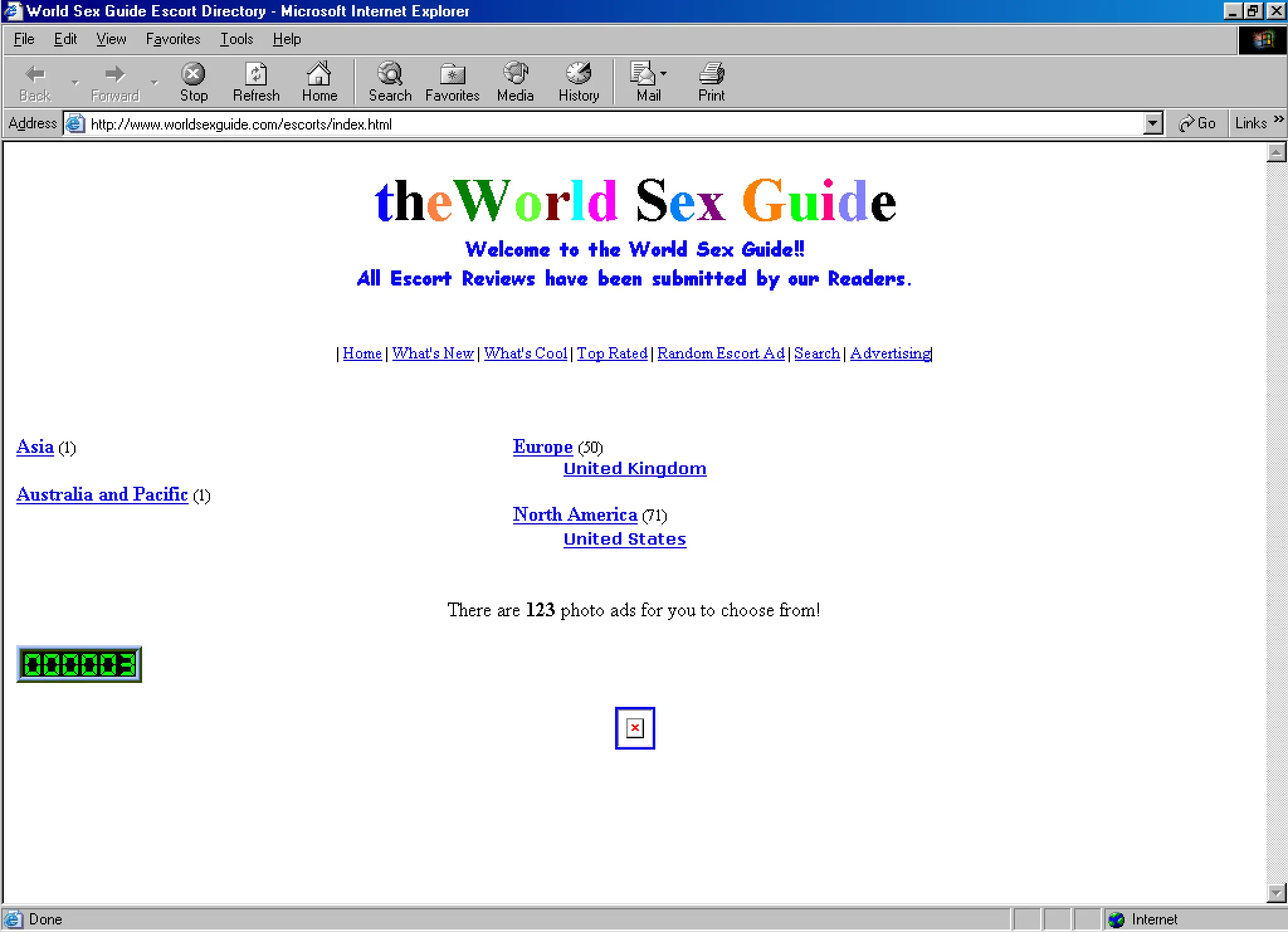 Screenshot of a simple text-based homepage with the title "the World Sex Guide" in multi-colored letters
