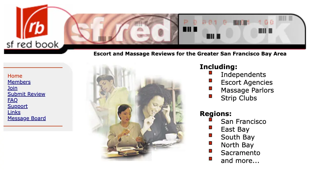 Below a banner for SF Redbook, a stock photo collage of professional women in business suits accompanies a list of links, including "Submit Review"