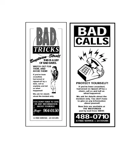 Small print ads, illustrated with clip art, advertise services with the headlines Bad Tricks and Bad Calls
