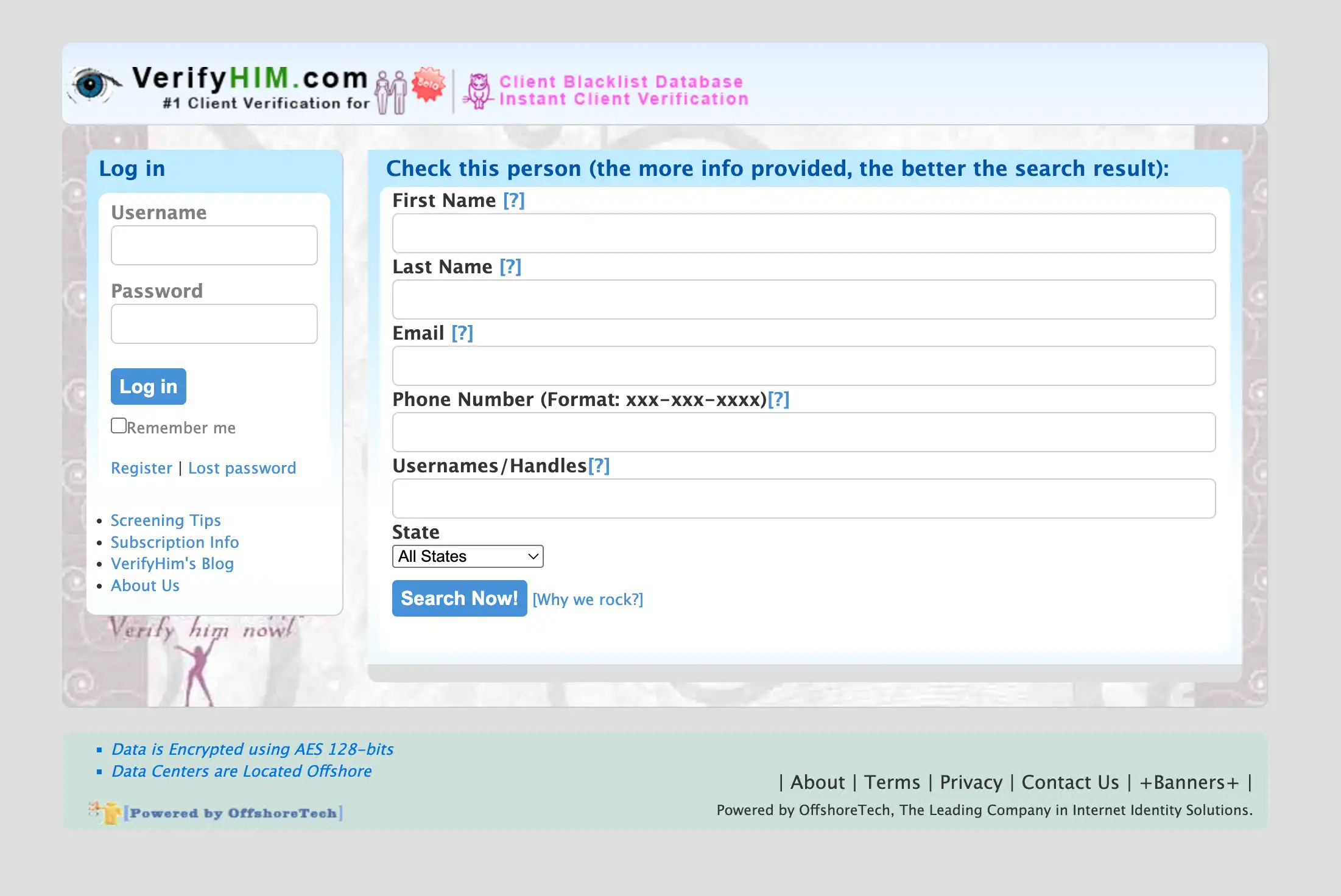 Screenshot of a log in page for verifyhim.com