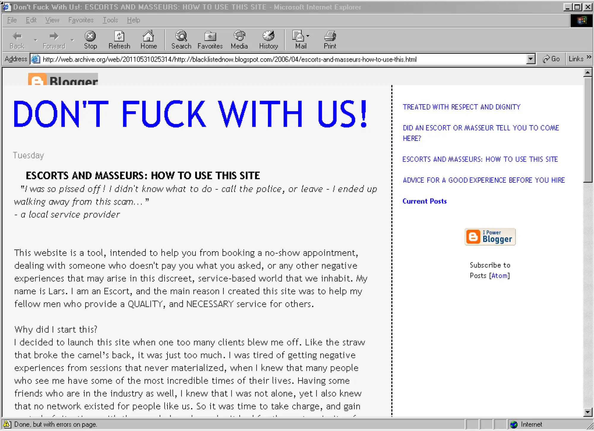Under a large, all caps headline reading "Don't fuck with us!" an entry instructs escorts and masseurs on "how to use this site"