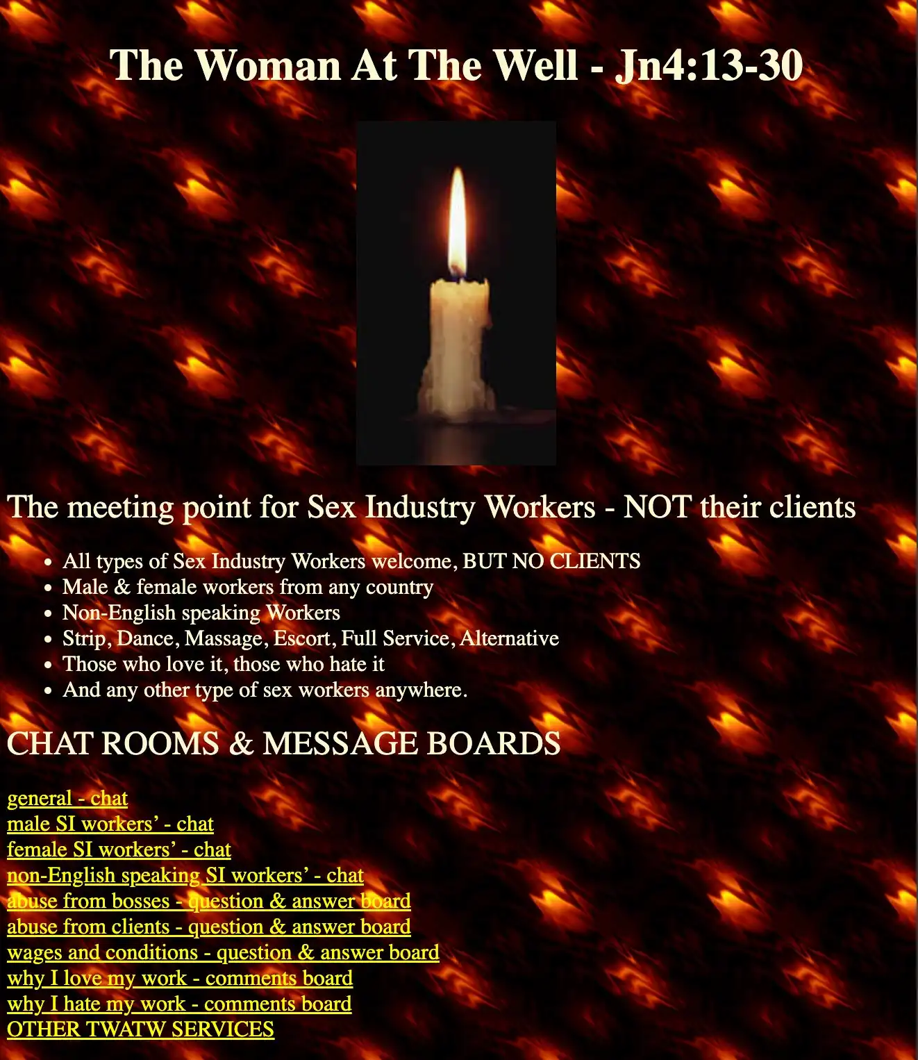 Over a fiery flame patterned background, The Woman at the Well displays links for chat rooms and message boards