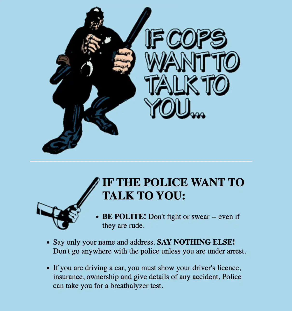 Over a light blue background, a cartoon of a threatening cop looms over the title