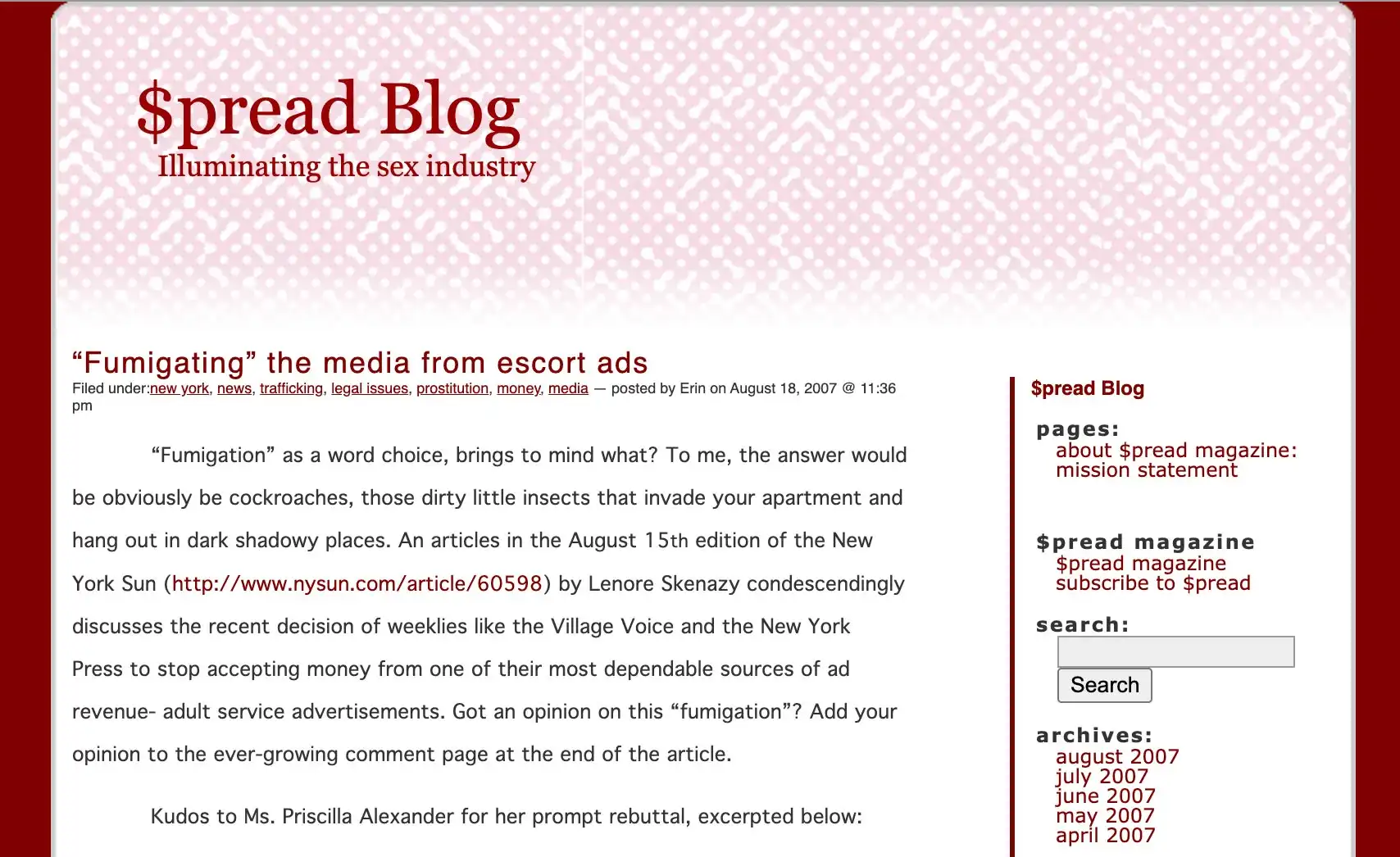 Screenshot of $pread Blog's homepage with a blog theme in dark maroon and bright pink