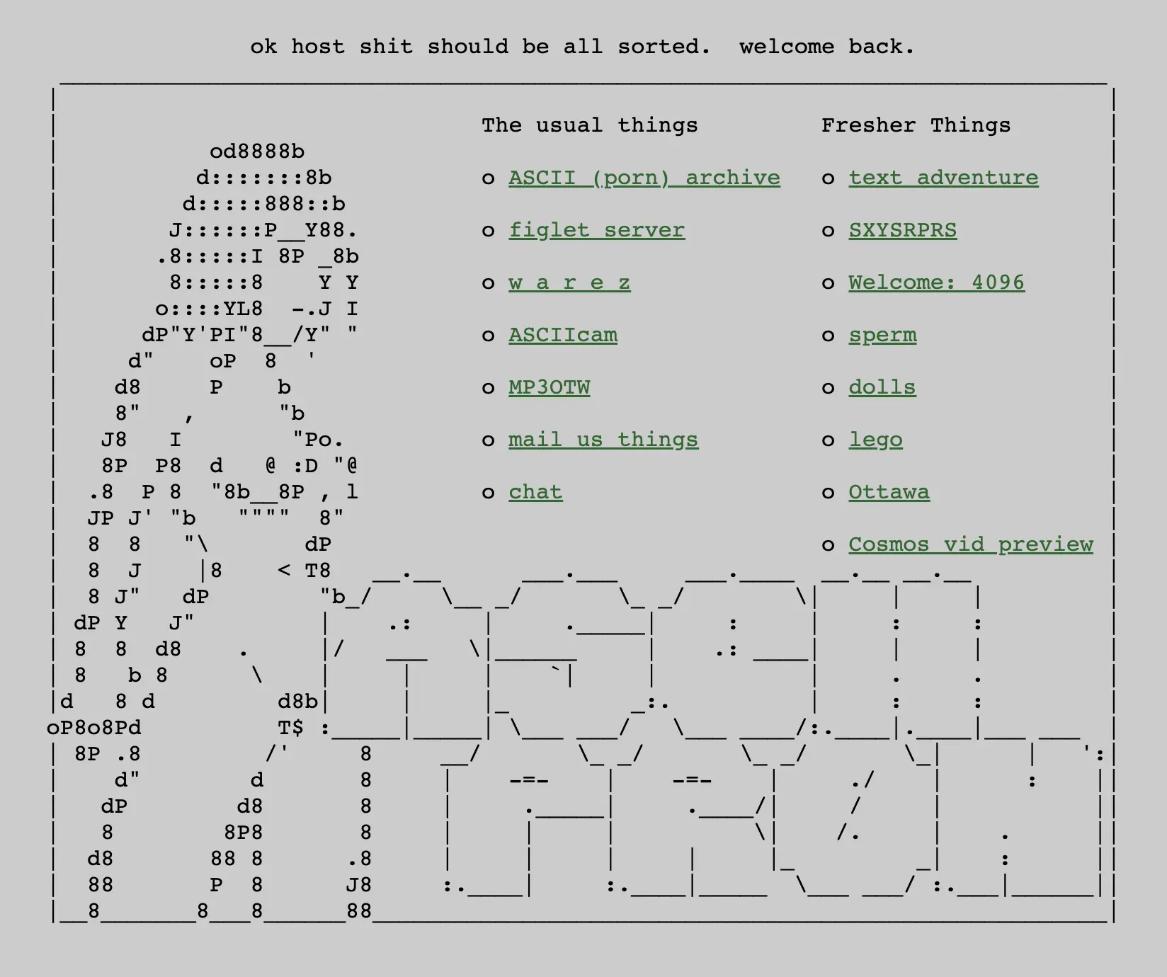 In a text-based early web menu, a title frame with an ASCII depiction of a naked woman surrounds a list of links
