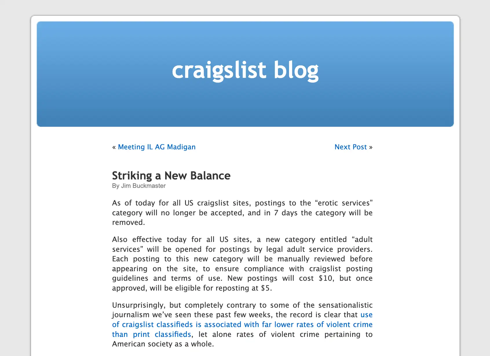 Under a large banner titled "craigslist blog," a post begins "As of today for all US craigslist sites, postings to the "erotic services" category will no longer be accepted, and in 7 days the category will be removed.