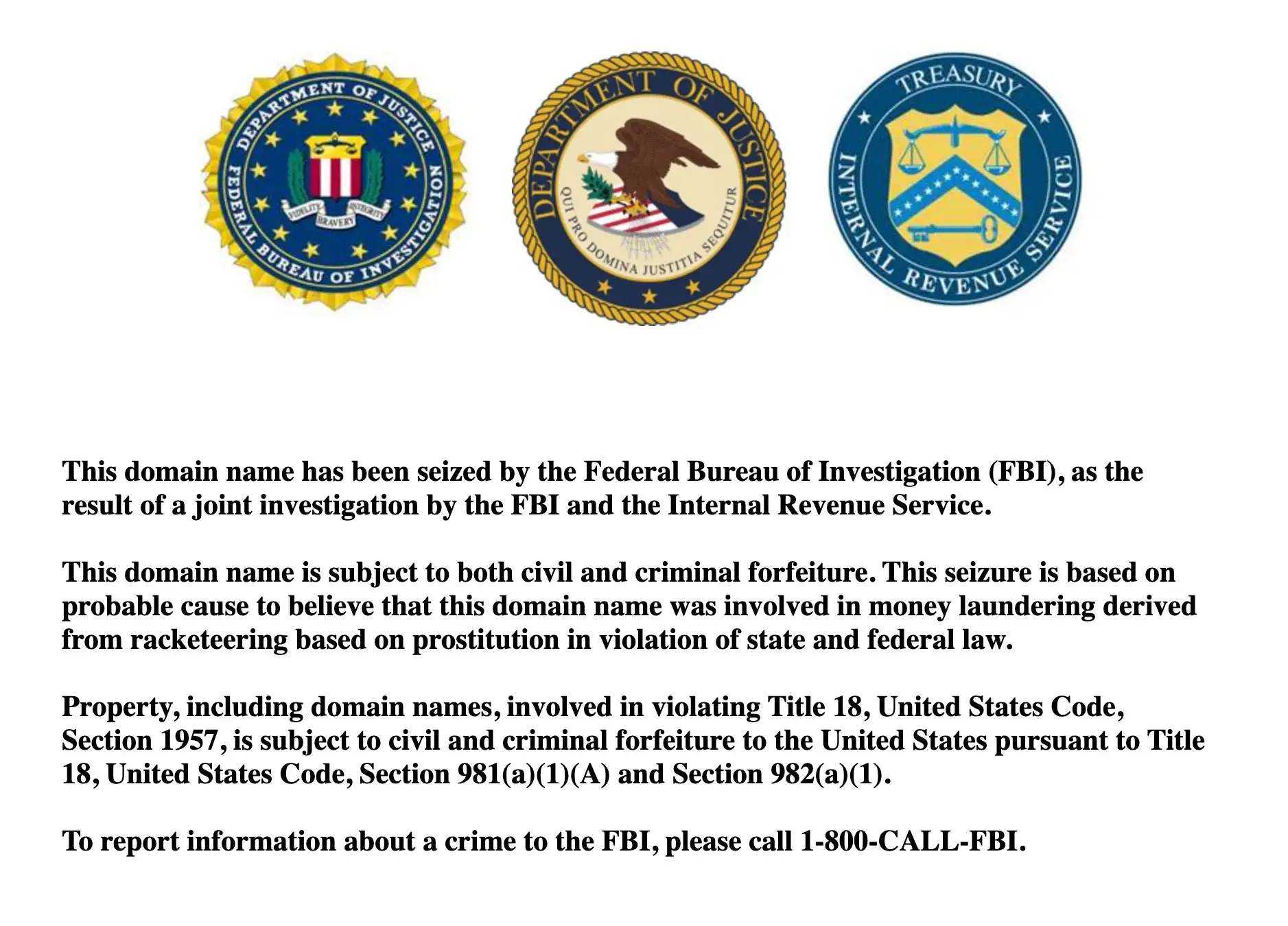 Official seals for the Department of Justice and the Internal Revenue Service precede a seizure notice