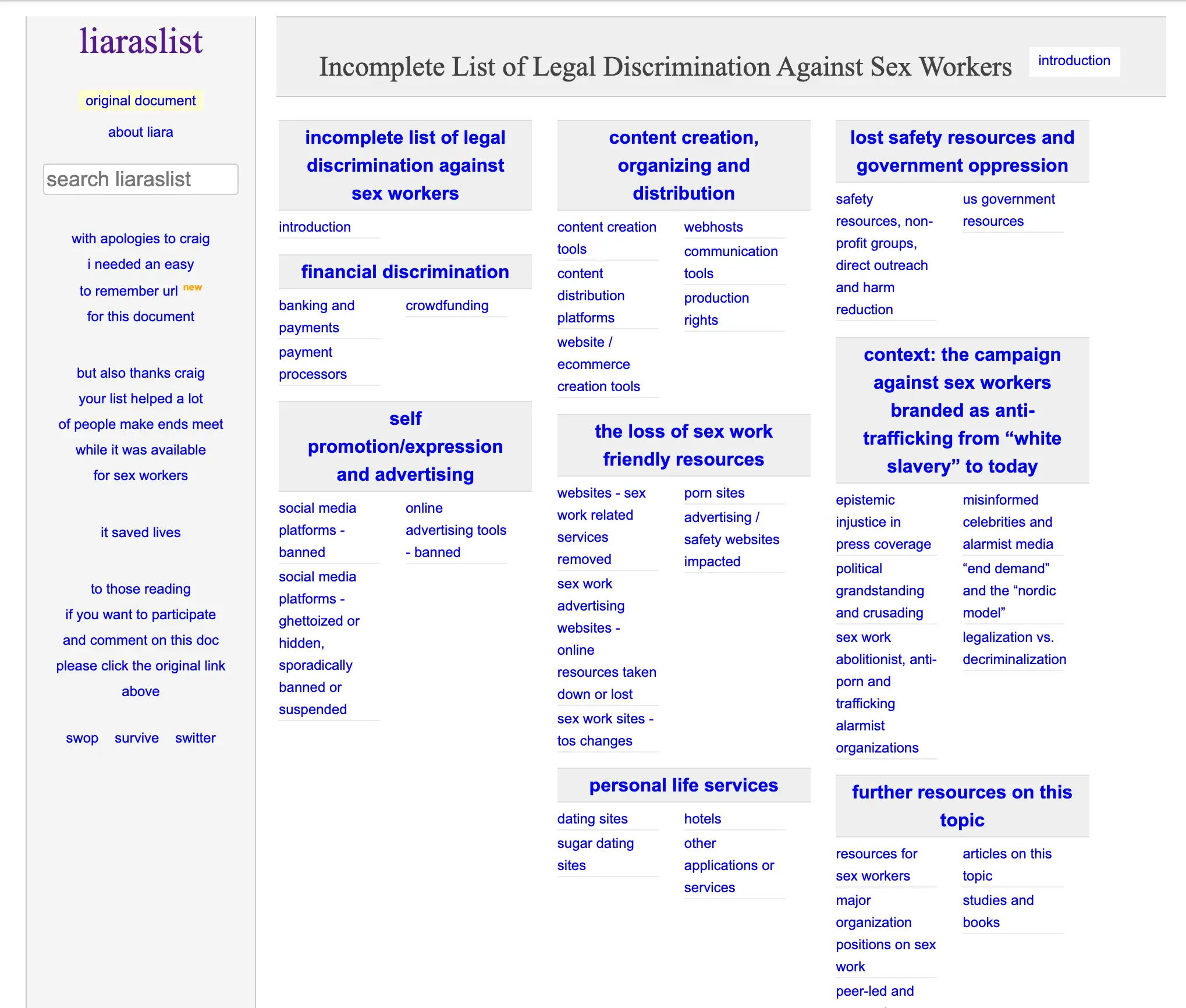 Screenshot of a website with the same layout and design as Craigslist, with the title "Incomplete List of Legal Discrimination Against Sex Workers"