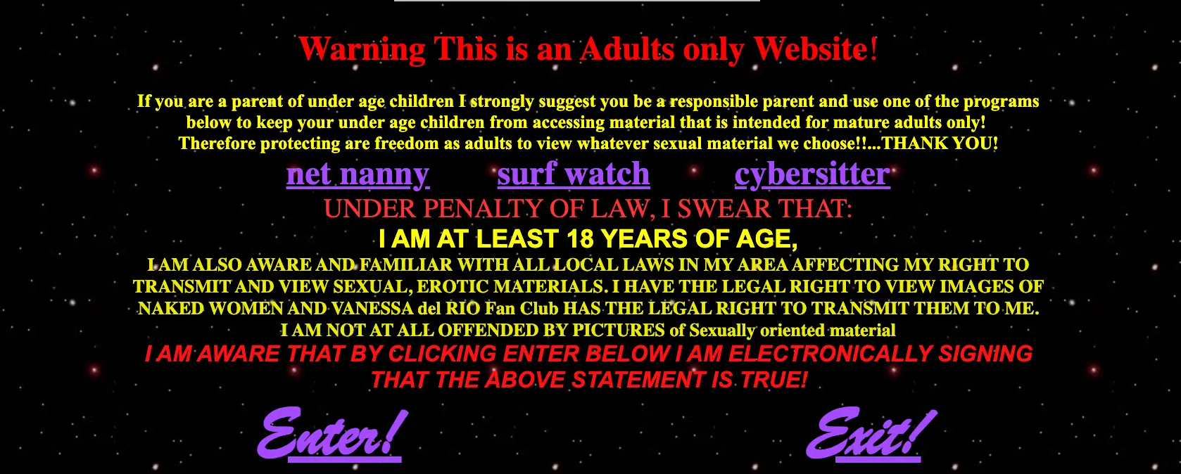 Over a starry night sky background, bright text provides links to "Enter" and "Exit"