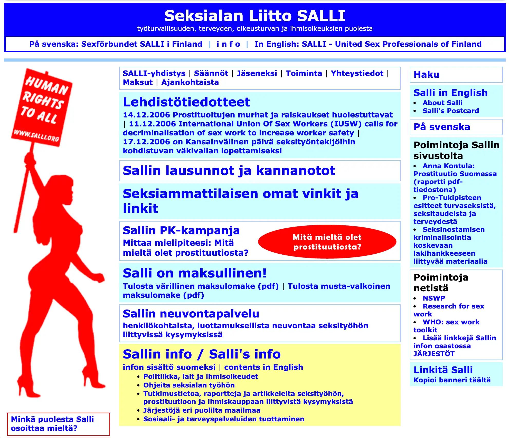 Text written in Finnish surrounds a silhouetted illustration of a woman in spike heels holding a sign that says "Human rights to all"
