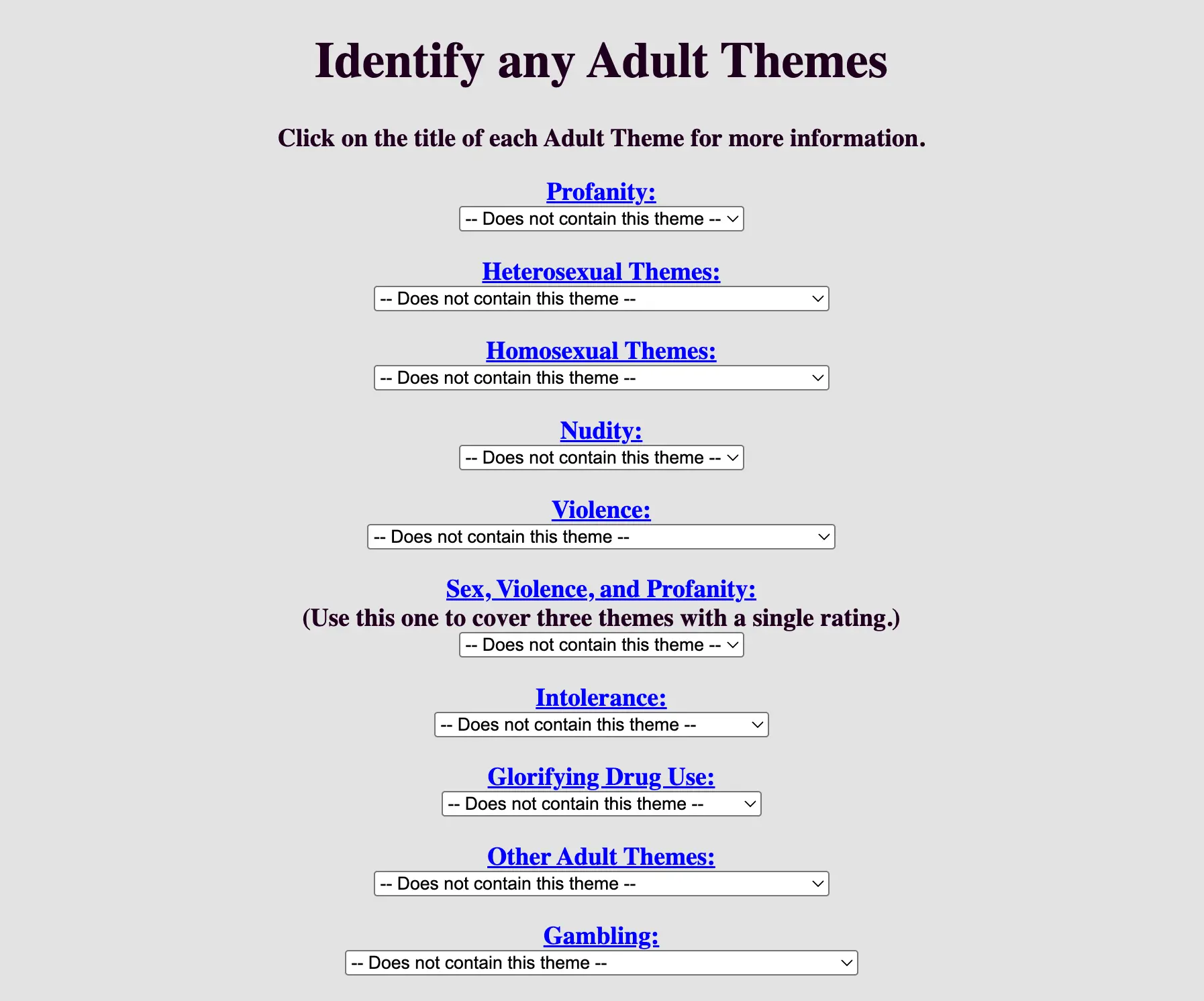 A screenshot of a simple text-based website shows a series of dropdown menus for categories including profanity, heterosexual themes, homosexual themes, nudity, violence, and more