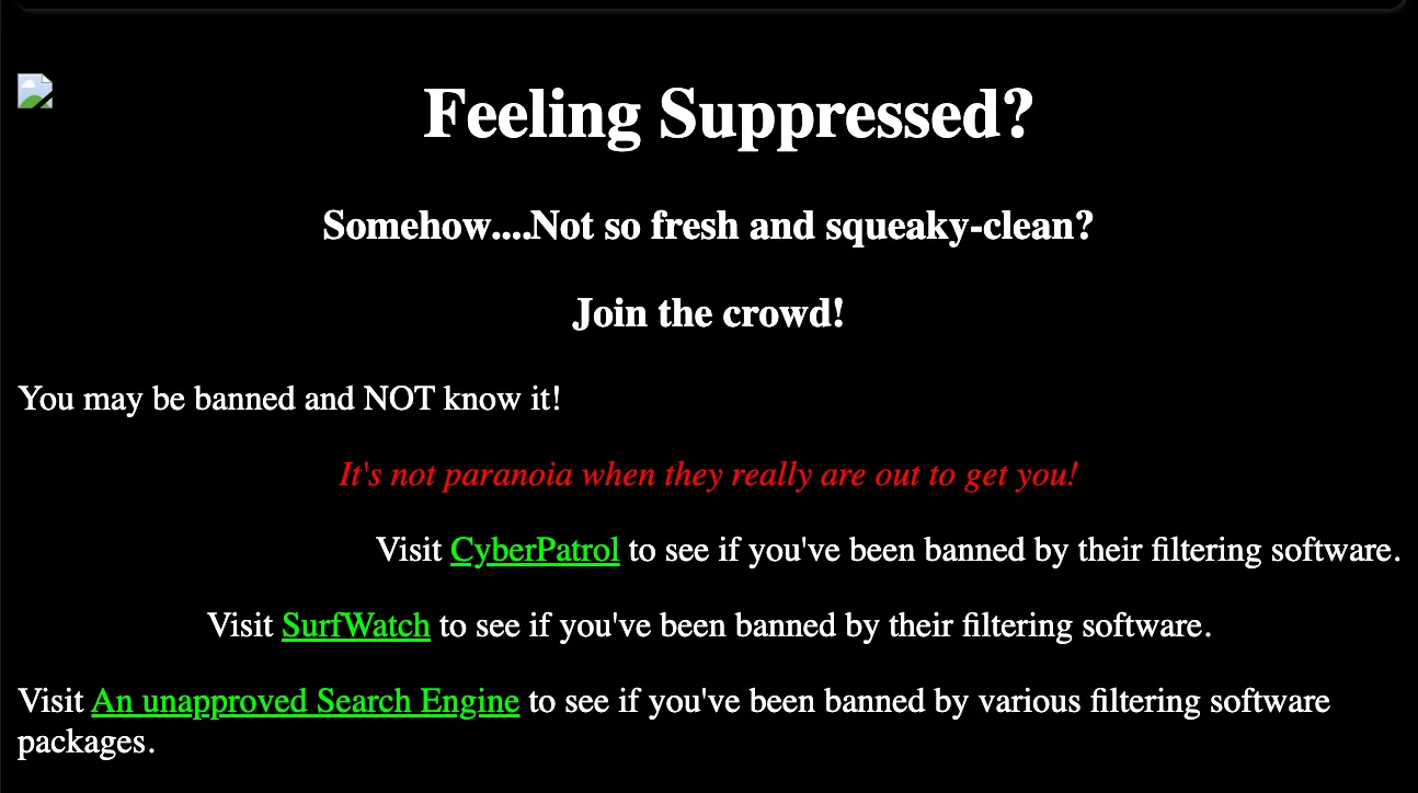 Over a black background, a large headline asks "Feeling Suppressed? Somehow... Not so fresh and squeaky clean? Join the crowd!"