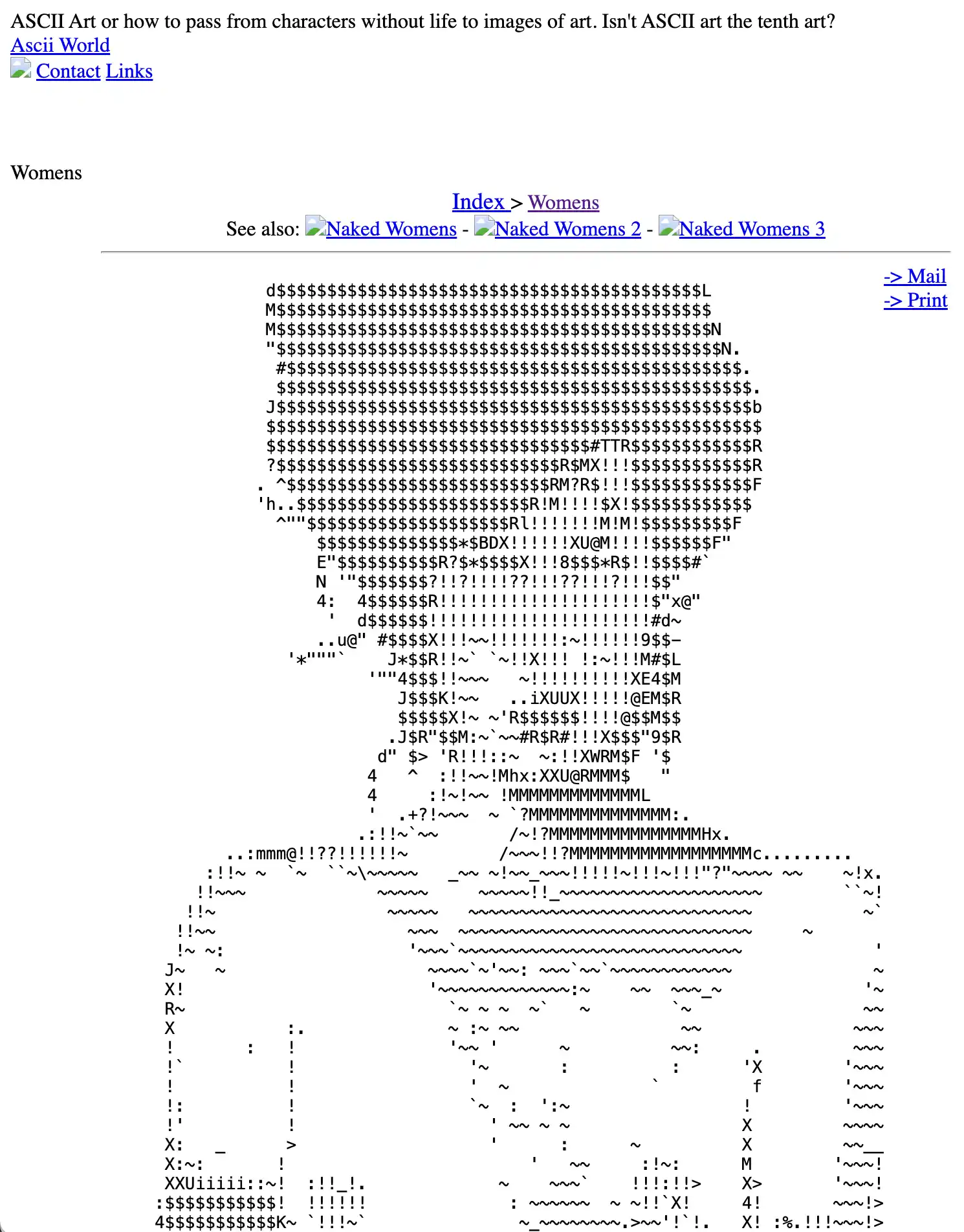 Above an ASCII drawing of a woman shown from the chest up, an early text-based website menu offers links to Naked Womens, Naked Womens 2, and Naked Womens 3