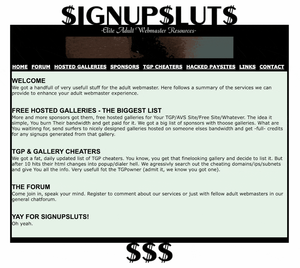 On a screenshot of an early website, a heavy black frame with the title "Signupsluts," using dollar signs instead of the letter s, surrounds information for adult webmasters