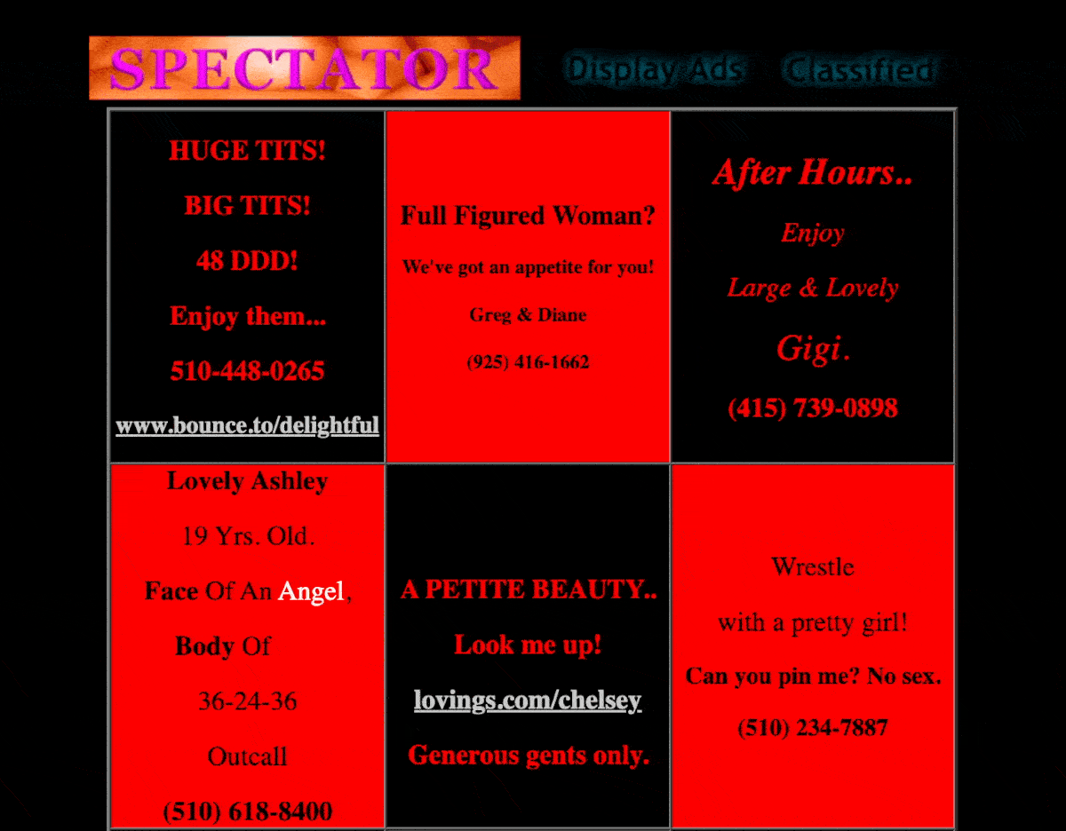 A scrolling webpage reveals a black and red checkerboard grid of text-based erotic ads